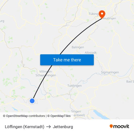 Löffingen (Kernstadt) to Jettenburg map