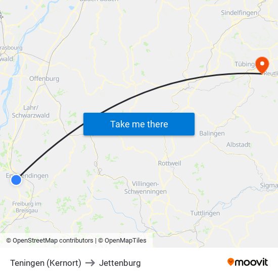 Teningen (Kernort) to Jettenburg map