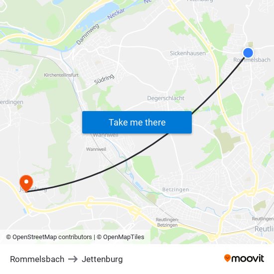 Rommelsbach to Jettenburg map