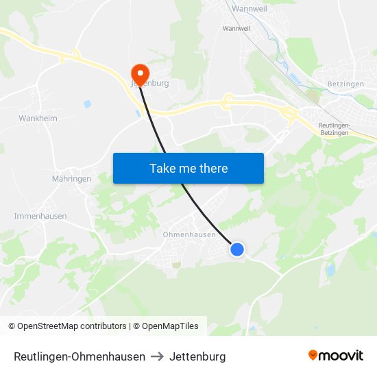 Reutlingen-Ohmenhausen to Jettenburg map