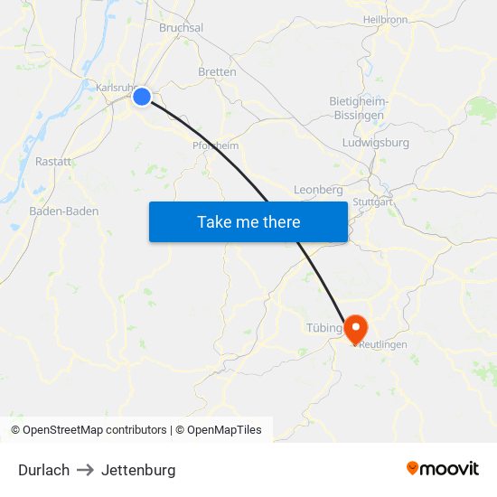 Durlach to Jettenburg map