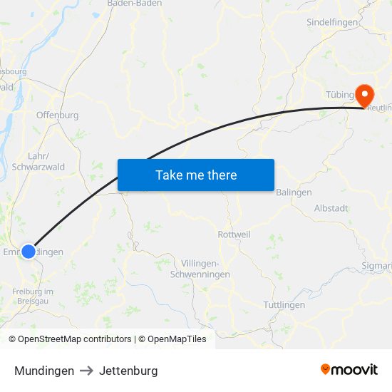 Mundingen to Jettenburg map