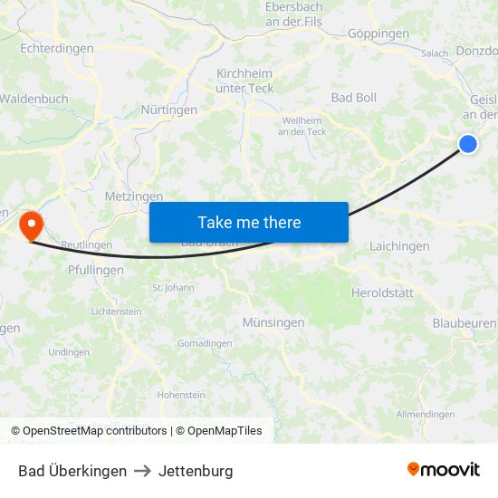 Bad Überkingen to Jettenburg map