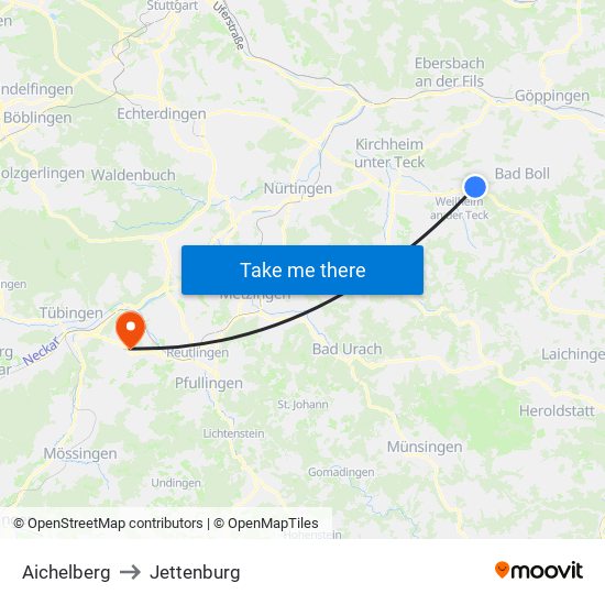 Aichelberg to Jettenburg map