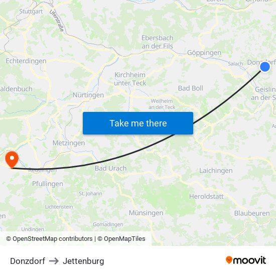 Donzdorf to Jettenburg map