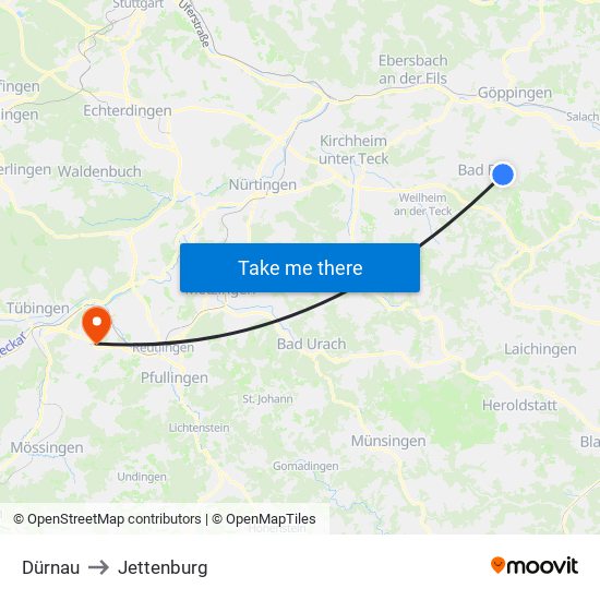 Dürnau to Jettenburg map