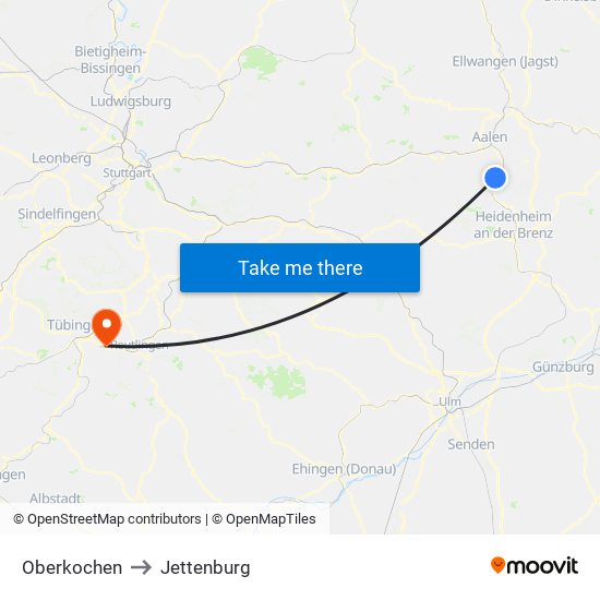 Oberkochen to Jettenburg map