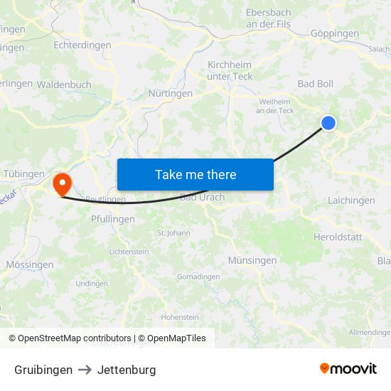 Gruibingen to Jettenburg map