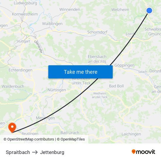 Spraitbach to Jettenburg map