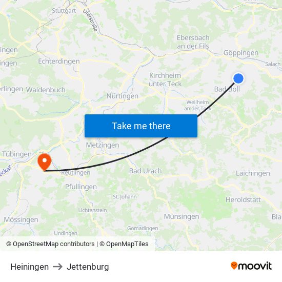 Heiningen to Jettenburg map