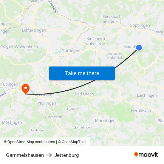 Gammelshausen to Jettenburg map