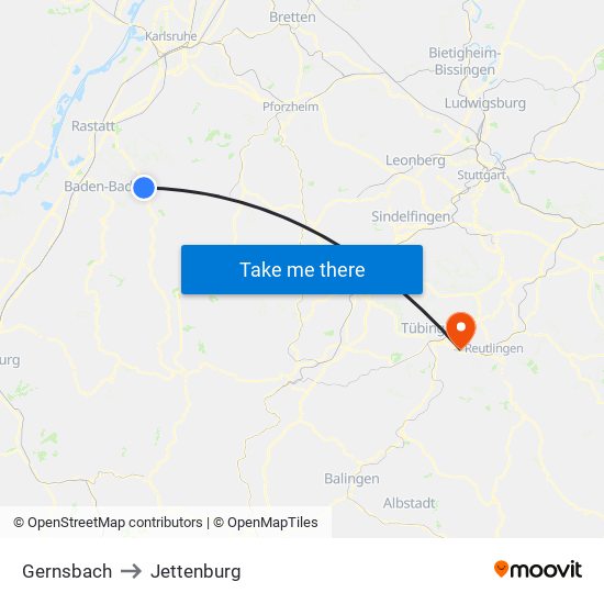 Gernsbach to Jettenburg map
