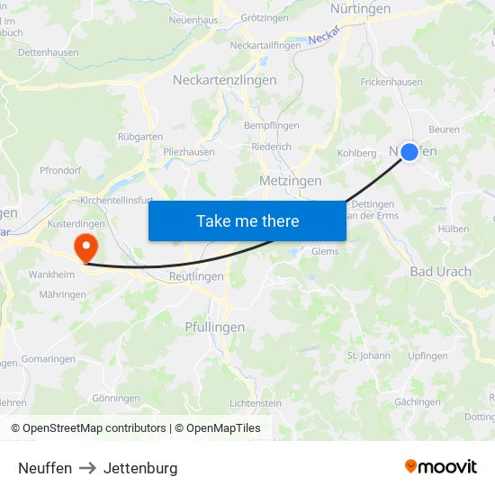 Neuffen to Jettenburg map