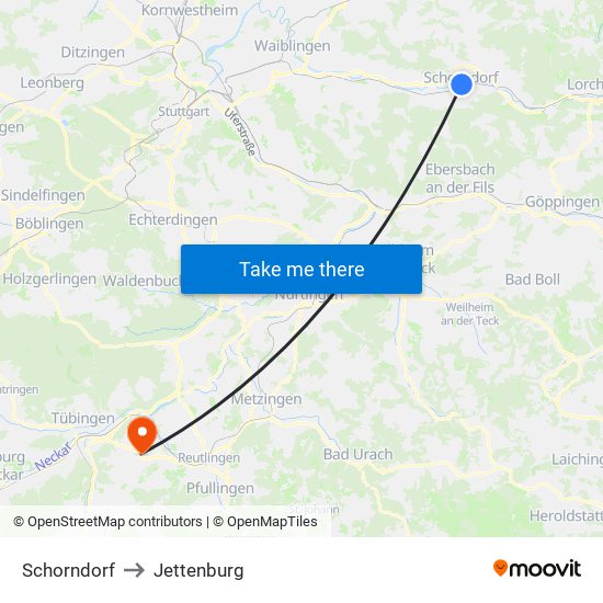 Schorndorf to Jettenburg map