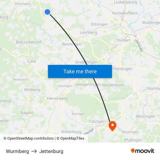 Wurmberg to Jettenburg map