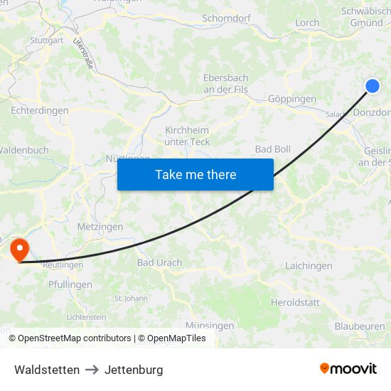 Waldstetten to Jettenburg map
