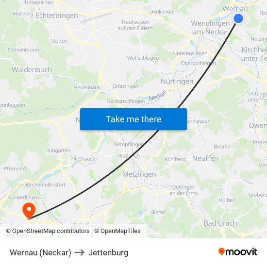 Wernau (Neckar) to Jettenburg map