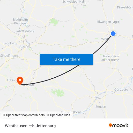 Westhausen to Jettenburg map