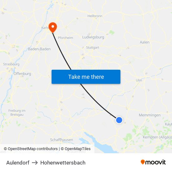 Aulendorf to Hohenwettersbach map