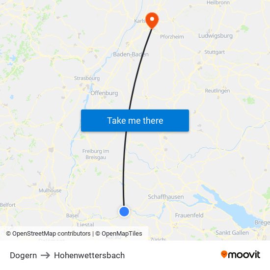 Dogern to Hohenwettersbach map