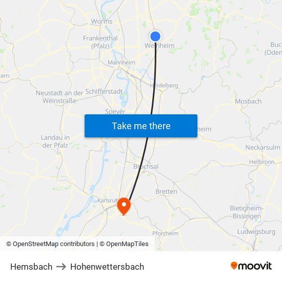 Hemsbach to Hohenwettersbach map