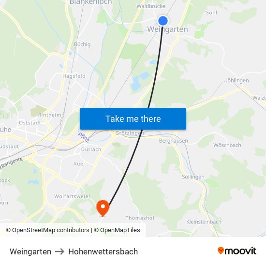 Weingarten to Hohenwettersbach map