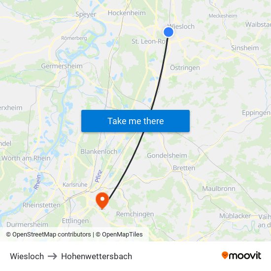 Wiesloch to Hohenwettersbach map