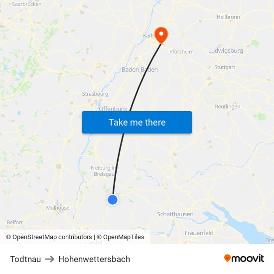 Todtnau to Hohenwettersbach map