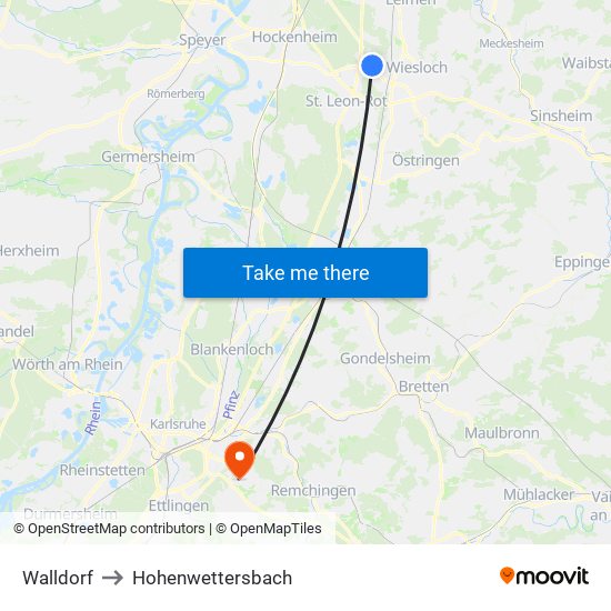 Walldorf to Hohenwettersbach map