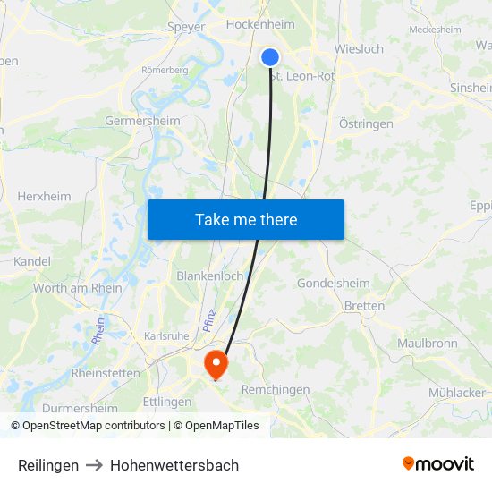 Reilingen to Hohenwettersbach map