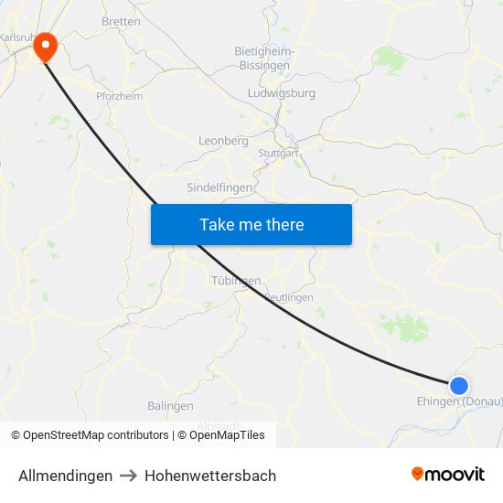Allmendingen to Hohenwettersbach map