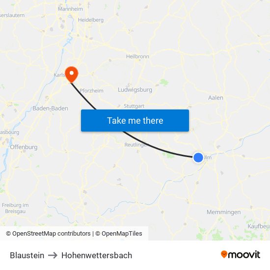 Blaustein to Hohenwettersbach map