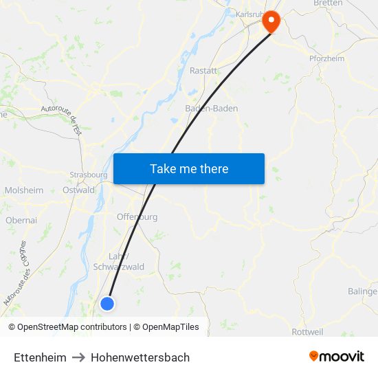 Ettenheim to Hohenwettersbach map