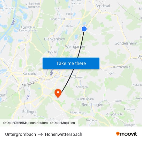 Untergrombach to Hohenwettersbach map