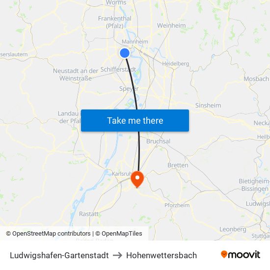 Ludwigshafen-Gartenstadt to Hohenwettersbach map