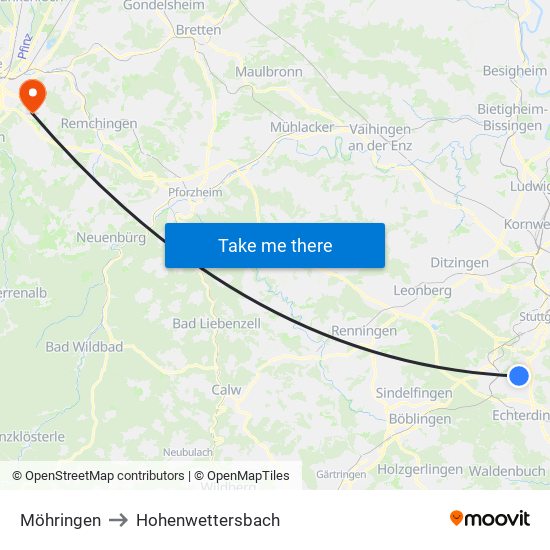 Möhringen to Hohenwettersbach map