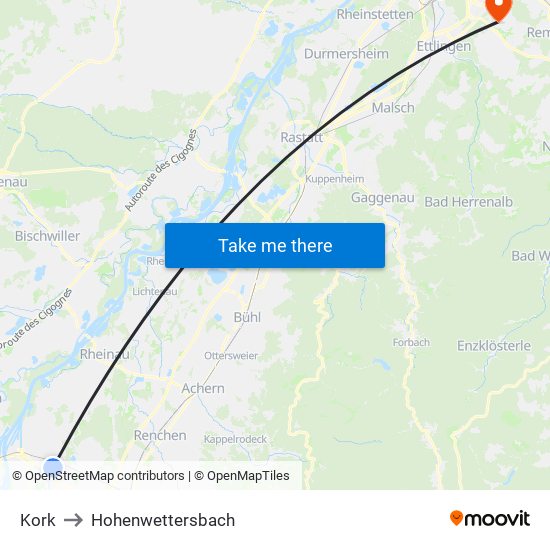 Kork to Hohenwettersbach map