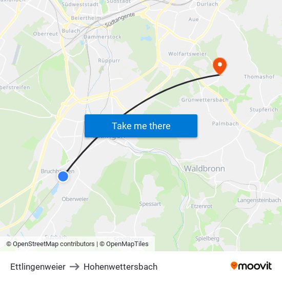 Ettlingenweier to Hohenwettersbach map