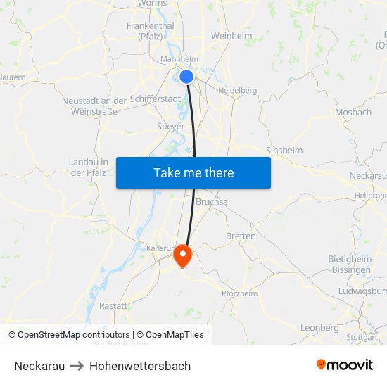 Neckarau to Hohenwettersbach map