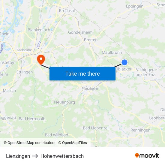 Lienzingen to Hohenwettersbach map