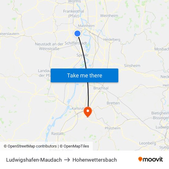 Ludwigshafen-Maudach to Hohenwettersbach map