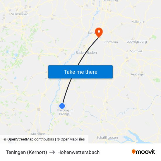 Teningen (Kernort) to Hohenwettersbach map