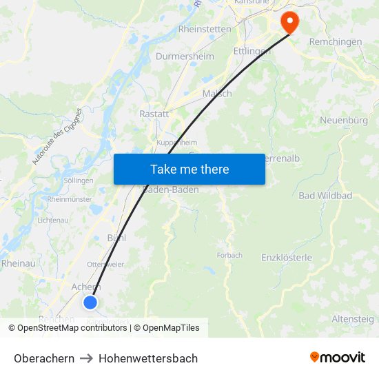 Oberachern to Hohenwettersbach map