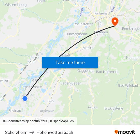 Scherzheim to Hohenwettersbach map