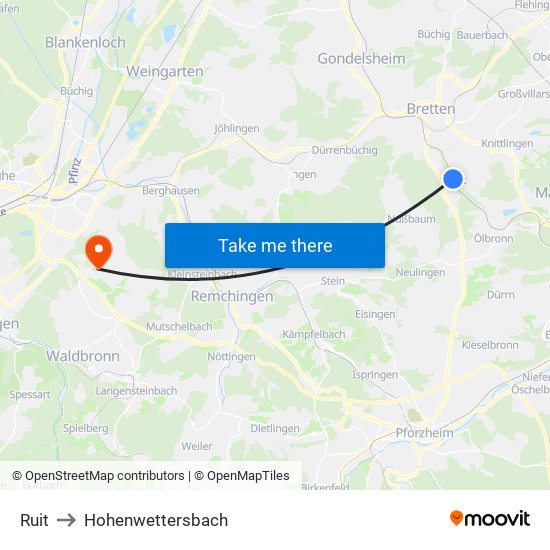 Ruit to Hohenwettersbach map