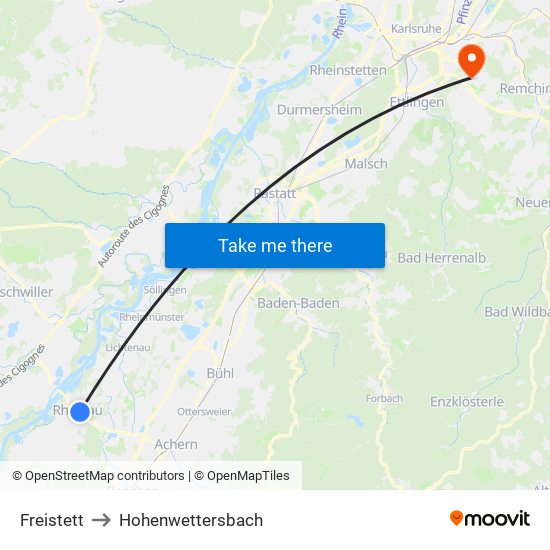 Freistett to Hohenwettersbach map