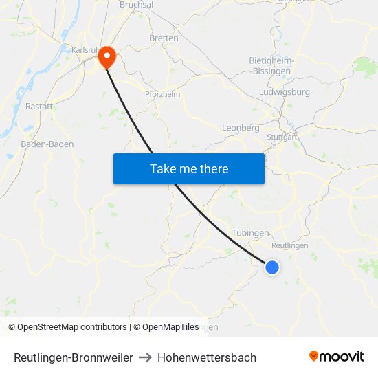 Reutlingen-Bronnweiler to Hohenwettersbach map