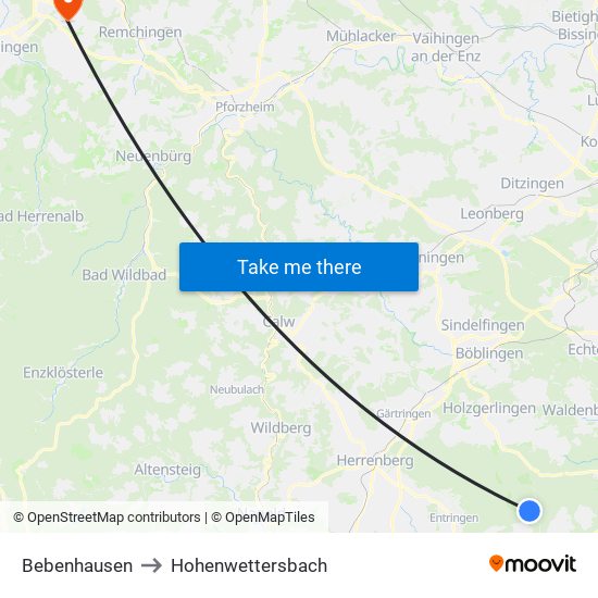 Bebenhausen to Hohenwettersbach map