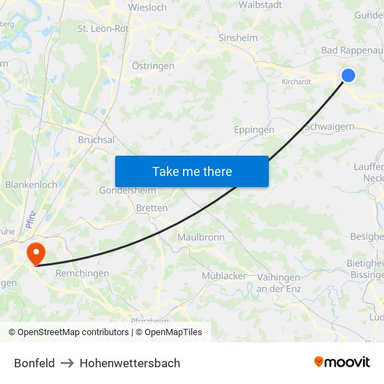 Bonfeld to Hohenwettersbach map