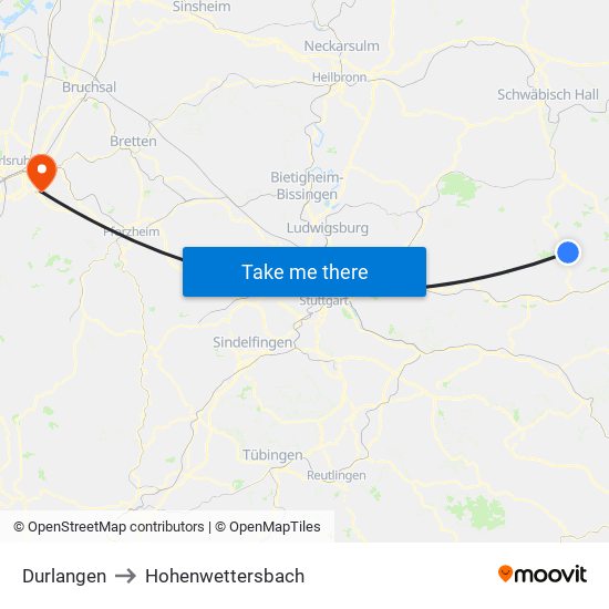 Durlangen to Hohenwettersbach map